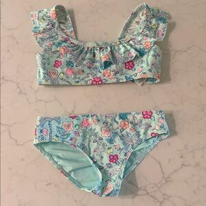 Vineyard Vines Girls Mint Floral Ruffle-Shoulder Bikini